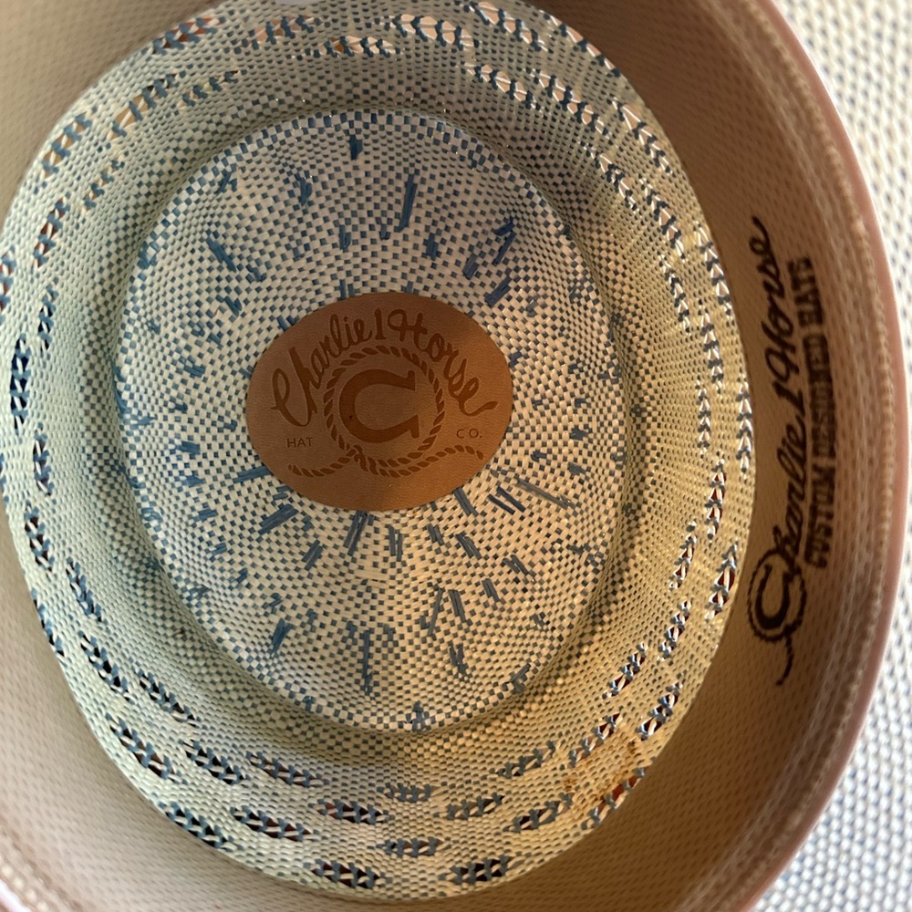 Cream and Blue Patterned Straw Hat - Picture 3 of 6